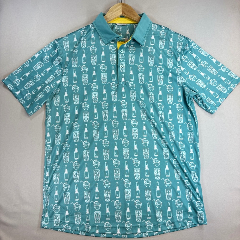 Swannies Tiki Golf Polo Mens M Teal Cocktail Print Tropical Vacation Shirt